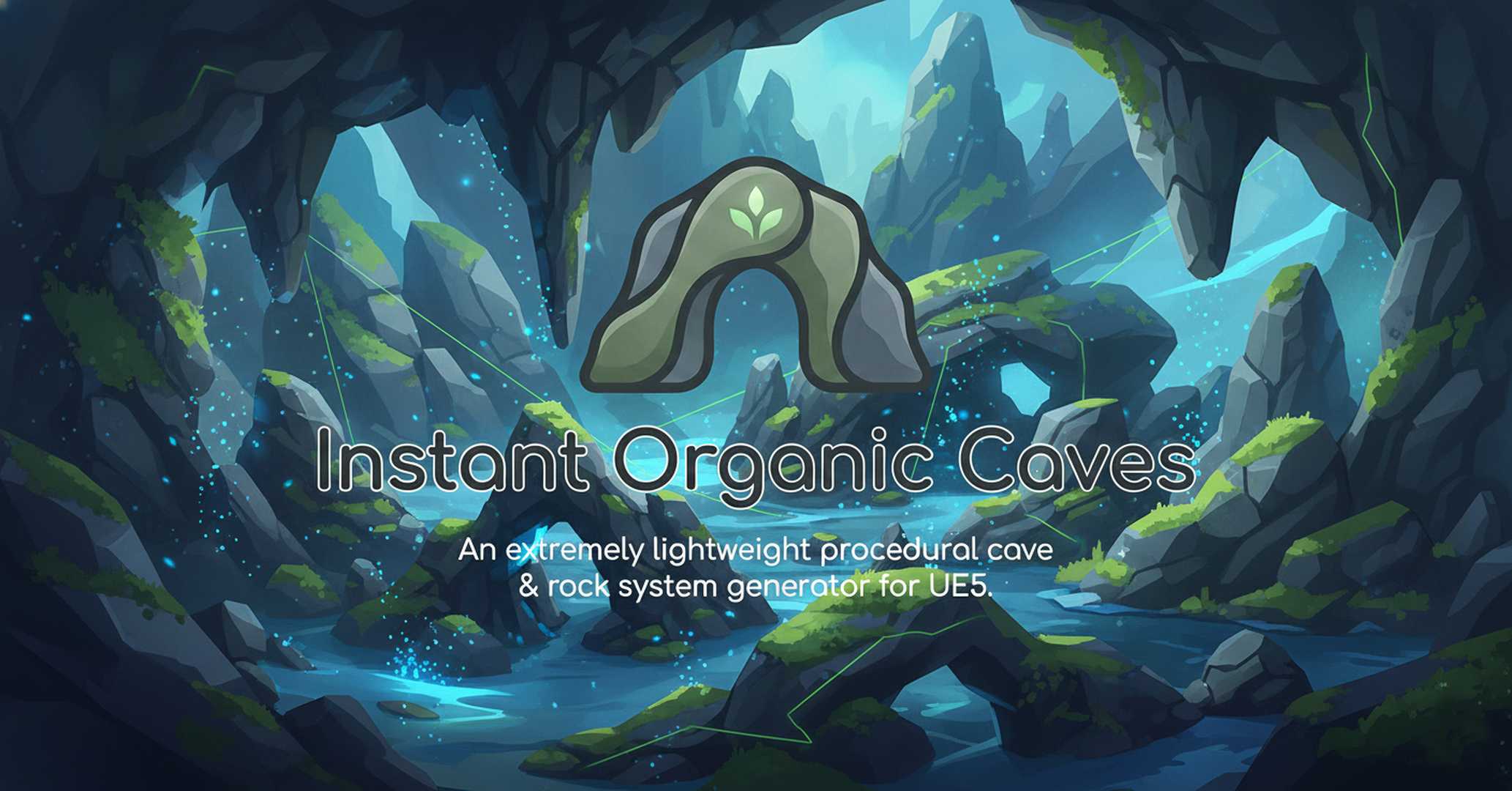 Instant Organic Caves key art: a moss-lit cavern with the arch logo mark at its centre